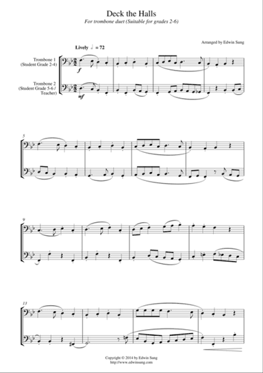 Deck the Halls (for trombone duet, suitable for grades 2-6)