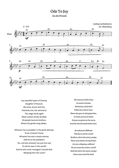 Beethoven - Ode To Joy for flute in Ab with chords (Lyrics in English)