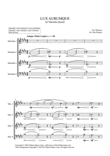 Lux Aurumque for Marimba Quartet (arr. Joby Burgess) - Full Score
