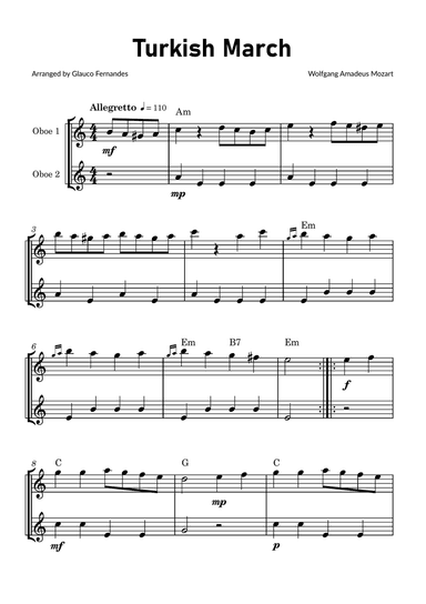 Turkish March by Mozart - Oboe Duet with Chord Notations