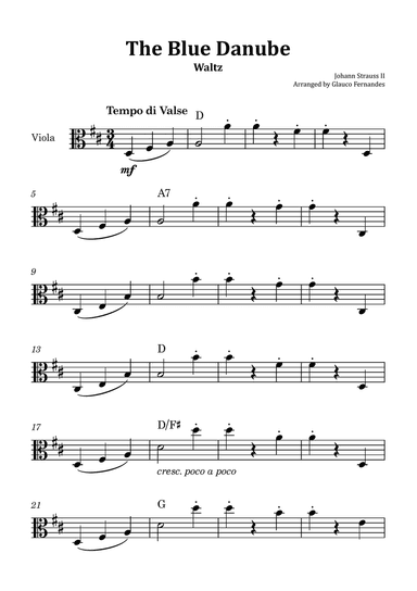 The Blue Danube - Viola Solo with Chord Notations