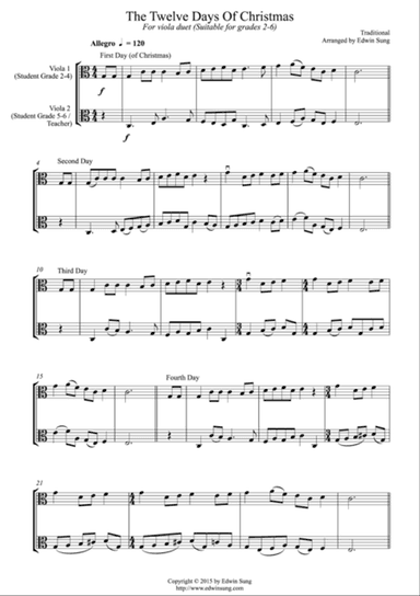 The Twelve Days Of Christmas (for viola duet, suitable for grade 2-6)