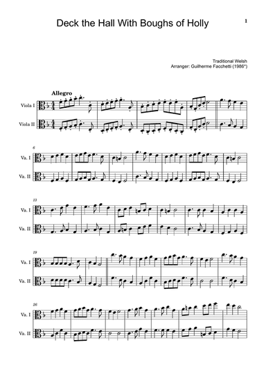 Traditional Welsh - Deck the Hall With Boughs of Holly. Arrangement for Viola Duet. Score an Parts