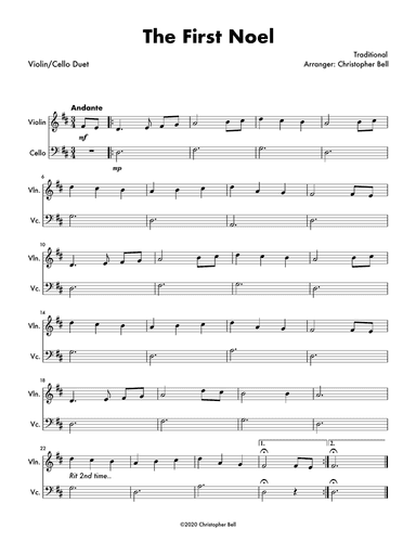 First Noel - Easy Violin/Cello Duet