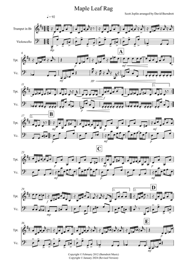 Maple Leaf Rag for Trumpet and Cello Duet
