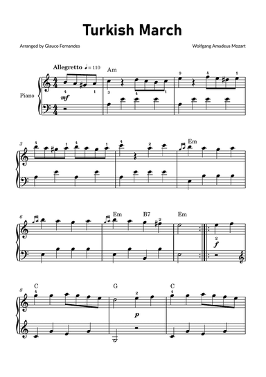 Turkish March by Mozart - Easy Piano with Chords