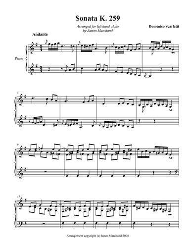 Scarlatti Sonata K259 arr. for left hand alone