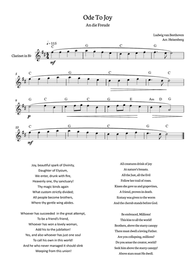 Beethoven - Ode to Joy for clarinet with chords in C major.