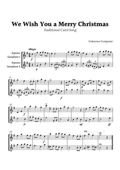 We Wish you a Merry Christmas for Soprano Sax Duet