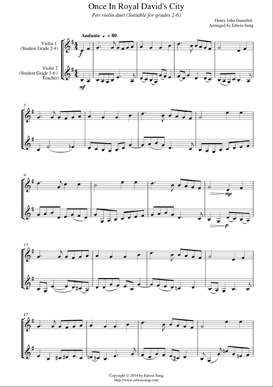 Once In Royal David’s City (for violin duet, suitable for grades 2-6)