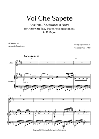 Voi Che Sapete from "The Marriage of Figaro" - Easy Alto and Piano Aria Duet with Chords in D Major