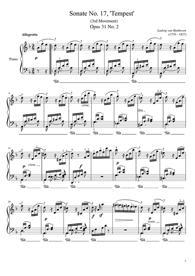 Beethoven Sonate No. 17, “Tempest” Op.31 No.2, 3rd Movement, Original (with fingering)