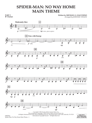 Spider-Man: No Way Home Main Theme (arr. Vinson) - Pt.3 - Bb Clarinet