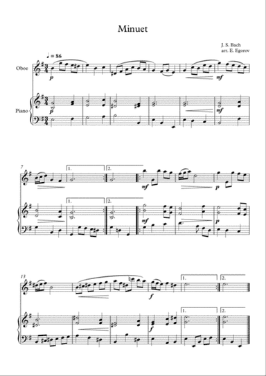 Minuet (In D Minor), Johann Sebastian Bach, For Oboe & Piano