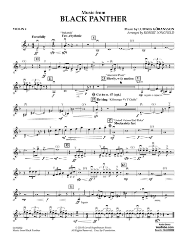 Music from Black Panther (arr. Robert Longfield) - Violin 2