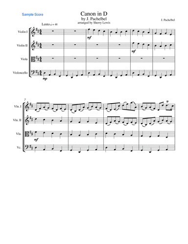 CANON IN D String Quartet, Intermediate Level for 2 violins, viola and cello