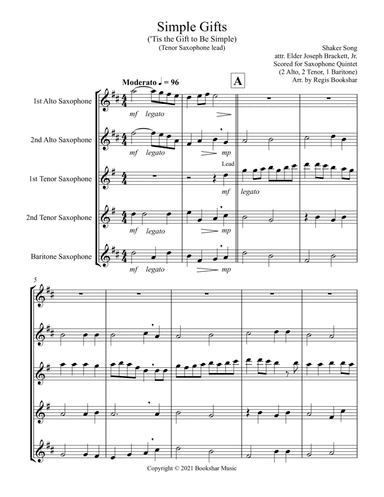 Simple Gifts ('Tis the Gift to Be Simple) (F) (Saxophone Quintet - 2 Alto, 2 Tenor, 1 Bari) (Tenor l