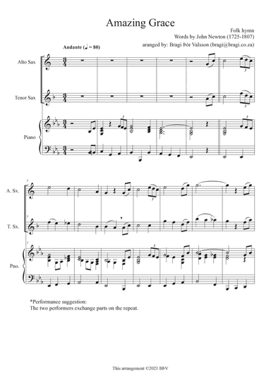 Amazing Grace - Duet for Alto Sax and Tenor Sax with Piano Accompaniment