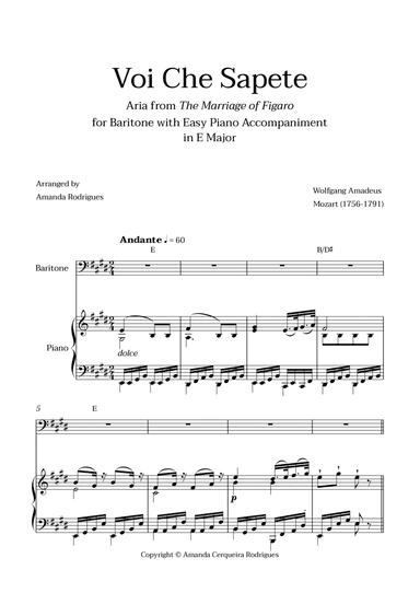 Voi Che Sapete from "The Marriage of Figaro" - Easy Baritone and Piano Aria Duet with Chords in E Ma