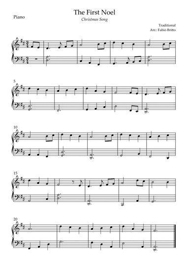 The First Noel (Christmas Song) for Easy Piano Solo in D Major