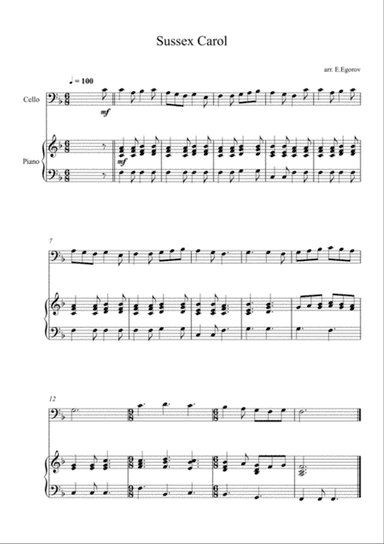 Sussex Carol, For Cello & Piano
