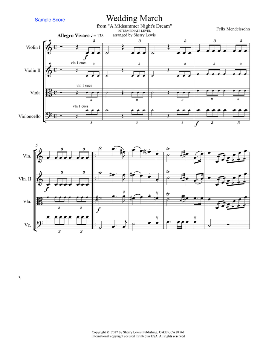 WEDDING MARCH by Mendelssohn, String Quartet, Intermediate Level for 2 violins, viola and cello