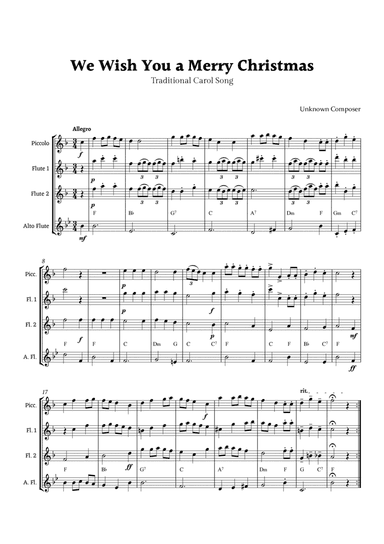 We Wish you a Merry Christmas for Flute Ensemble with Chords