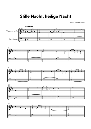 Stille Nacht, heilige Nacht (for Trumpet in Bb and Trombone)