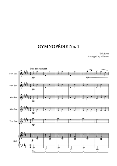 Gymnopédie no 1 | Saxophone Quintet | Original Key| Piano accompaniment |Easy intermediate