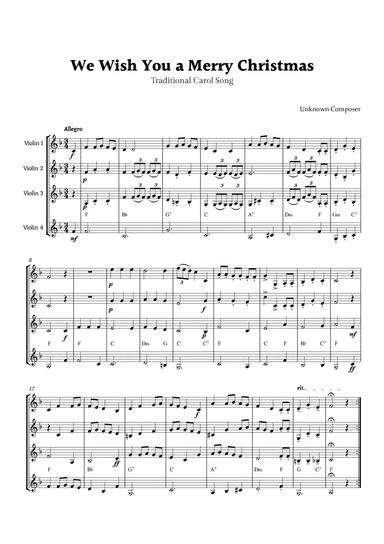 We Wish you a Merry Christmas for Violin Quartet with Chords
