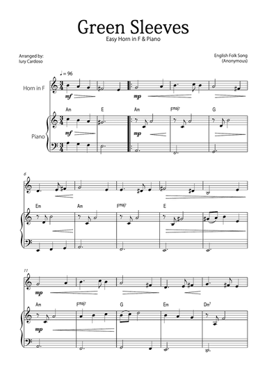 "Green Sleeves" - Beautiful easy version for HORN in F and PIANO
