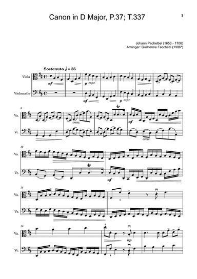 Johann Pachelbel - Canon in D Major, P.37; T.337. For Viola and Violoncello. Score and Parts