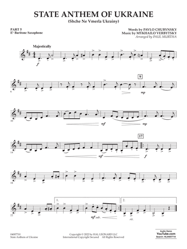State Anthem of Ukraine (Shche Ne Vmerla Ukrainy) (arr. Murtha) - Pt.5 - Eb Baritone Saxophone