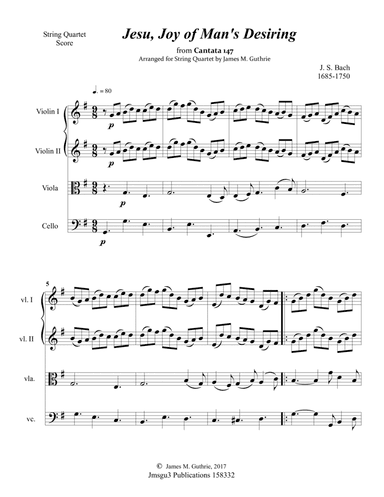 Bach: Jesu, Joy of Man's Desiring for String Quartet