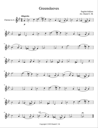 Greensleeves for A clarinet and piano
