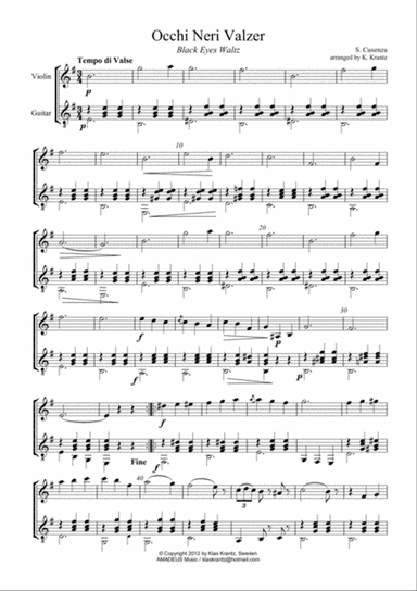 Occhi Neri Valzer / Black Eyes Italian Waltz for violin (mandoline) and guitar