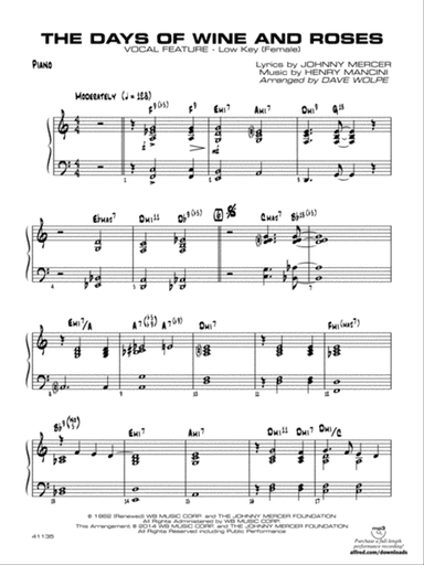 The Days of Wine and Roses: Piano (Low Key - Female)