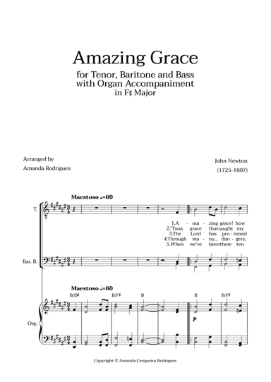 Amazing Grace in F# Major - Tenor, Bass and Baritone with Organ Accompaniment and Chords