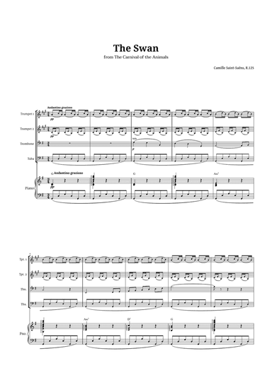The Swan by Saint-Saëns for Brass Quartet and Piano with Chords