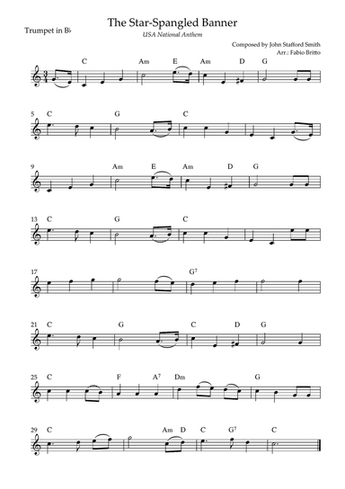 The Star Spangled Banner (USA National Anthem) for Trumpet in Bb Solo with Chords (Bb Major)