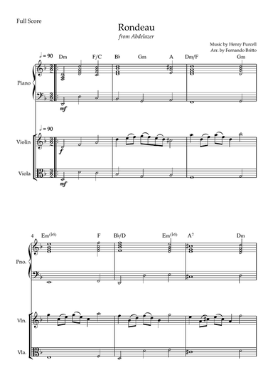 Rondeau (from Abdelazer) for Violin & Viola Duo and Piano Accompaniment with Chords