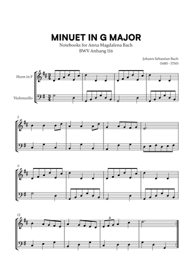 Minuet in G Major (BWV Anh. 116) (for French Horn and Cello)