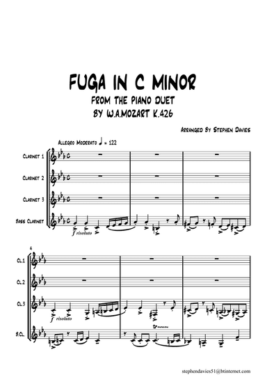 'Fuga in C Minor' from the piano duet by W.A.Mozart K426 for Clarinet Quartet.