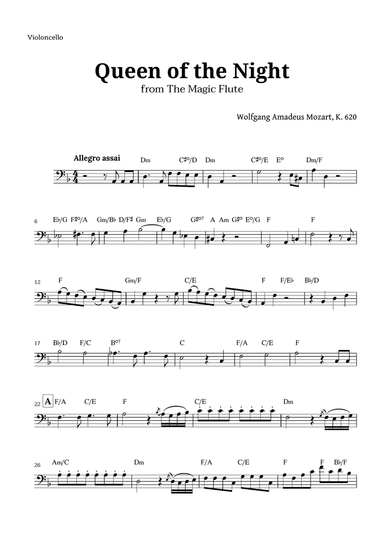 Queen of the Night by Mozart for Cello with Chords