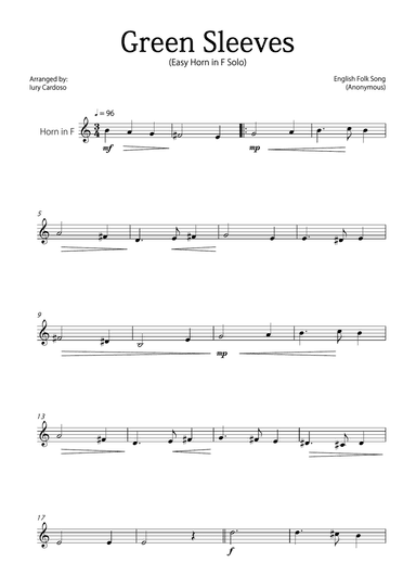 "Green Sleeves" - Beautiful easy version for HORN in F SOLO.