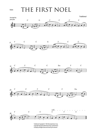 The First Noel (Violin with Chord Chart and Bowing)