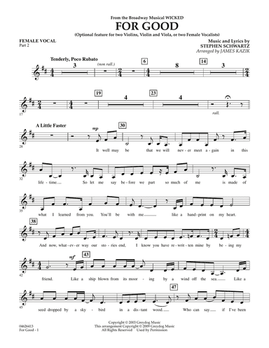 For Good (Duet Feature from Wicked) - Female Vocal Part 2