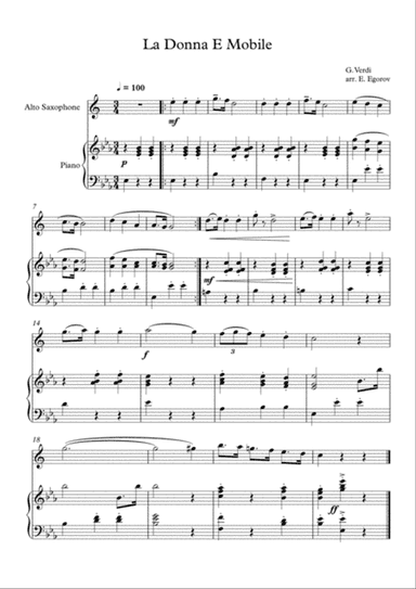 La Donna E Mobile, Giuseppe Verdi, For Alto Saxophone & Piano