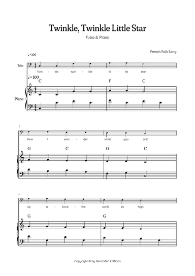 Twinkle, Twinkle Little Star • Easy tuba sheet music with easy piano accompaniment w/ chords