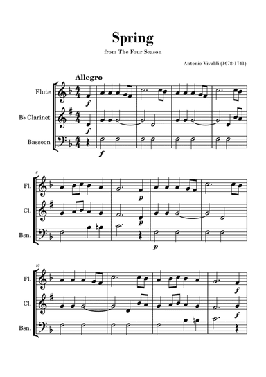 Spring from 'The Four Seasons' by Vivaldi - Easy Flute, Clarinet and Bassoon Trio